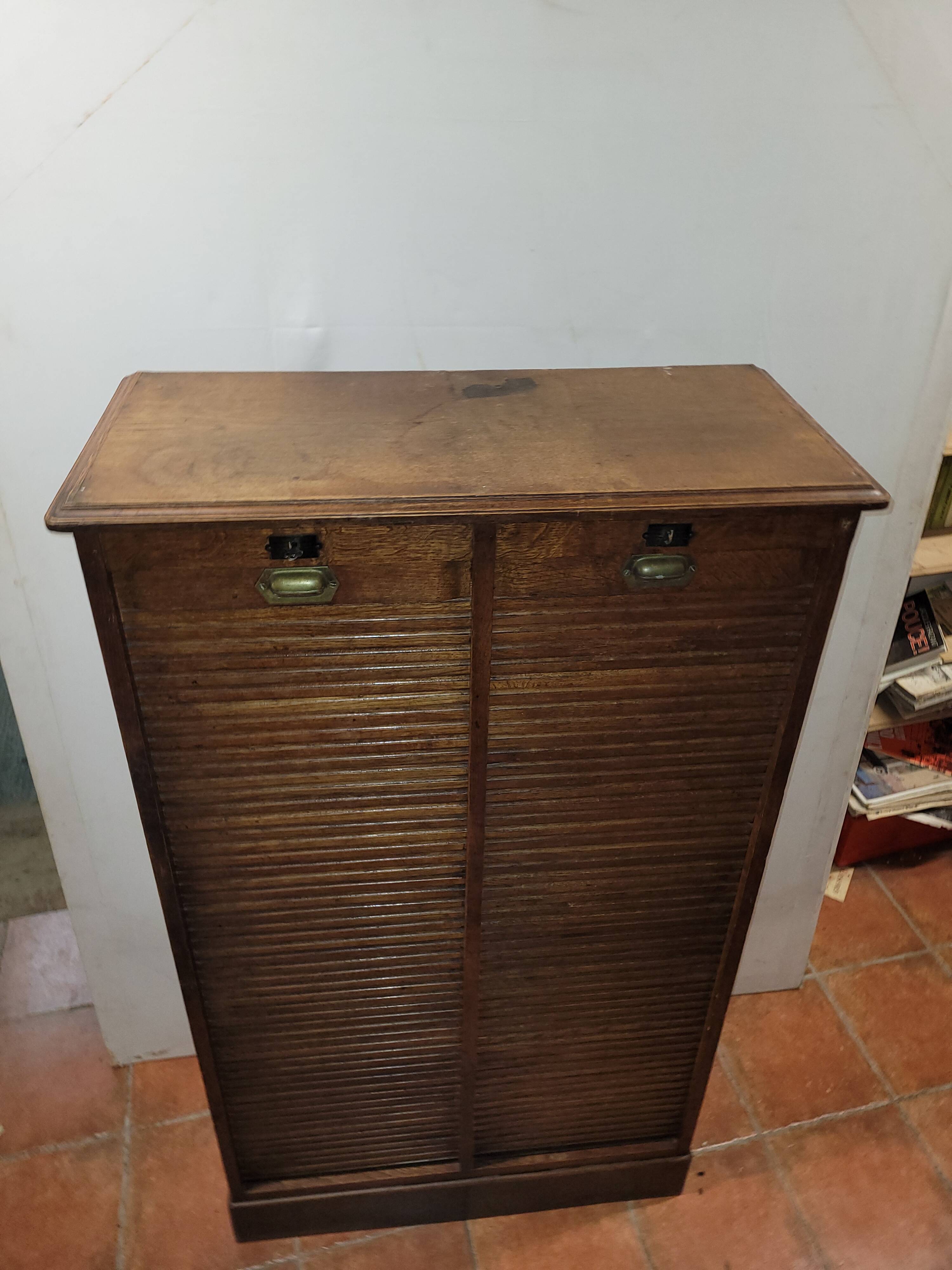 Old double curtained oak filing cabinet