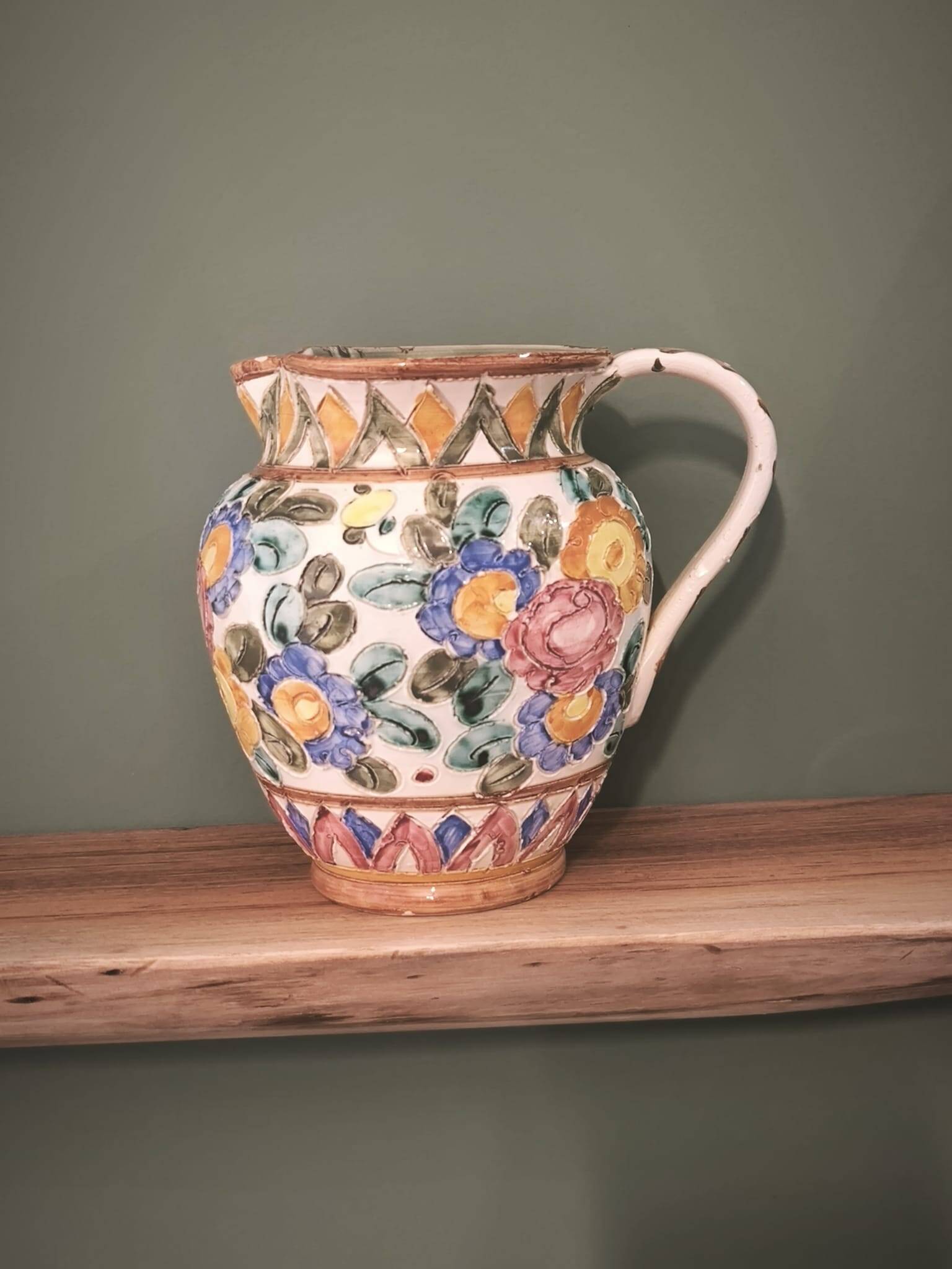 "Cérart Monaco" ceramic pitcher, signed — colorful floral decoration