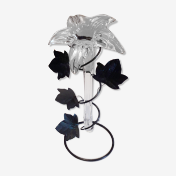 Glass soliflore vase in the shape of a fleur-de-lis on metal base