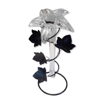 Glass soliflore vase in the shape of a fleur-de-lis on metal base