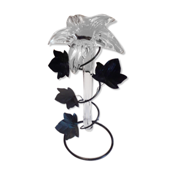 Glass soliflore vase in the shape of a fleur-de-lis on metal base