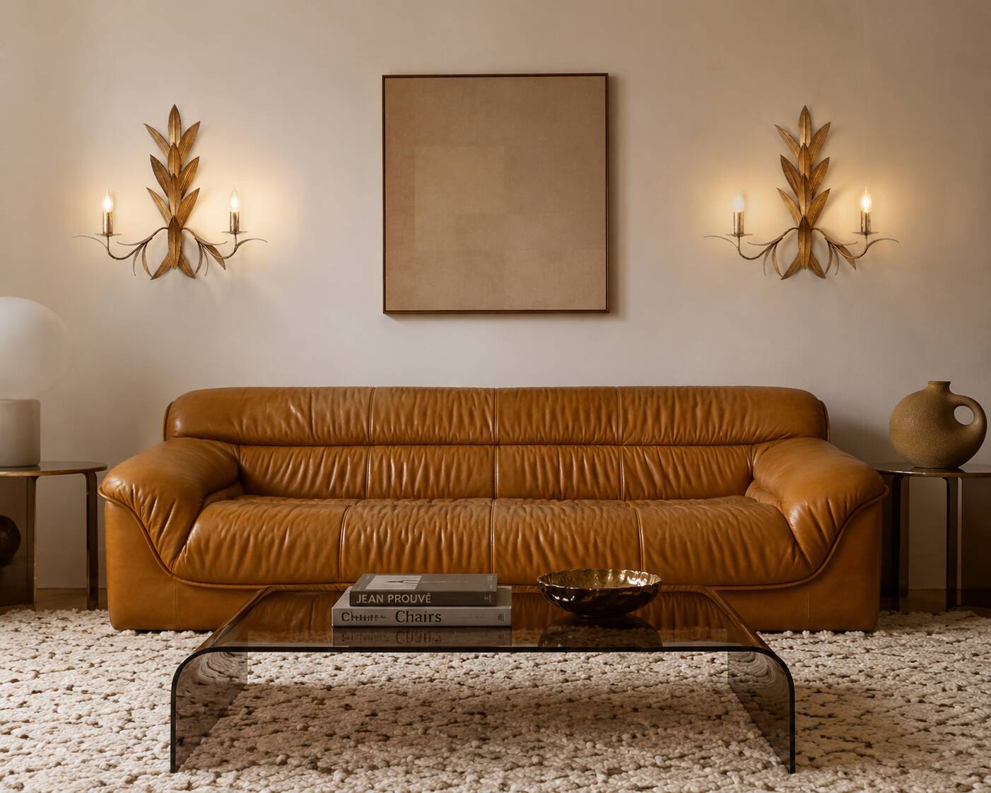 Pair of "leaf" wall lights in brass, 1970s.