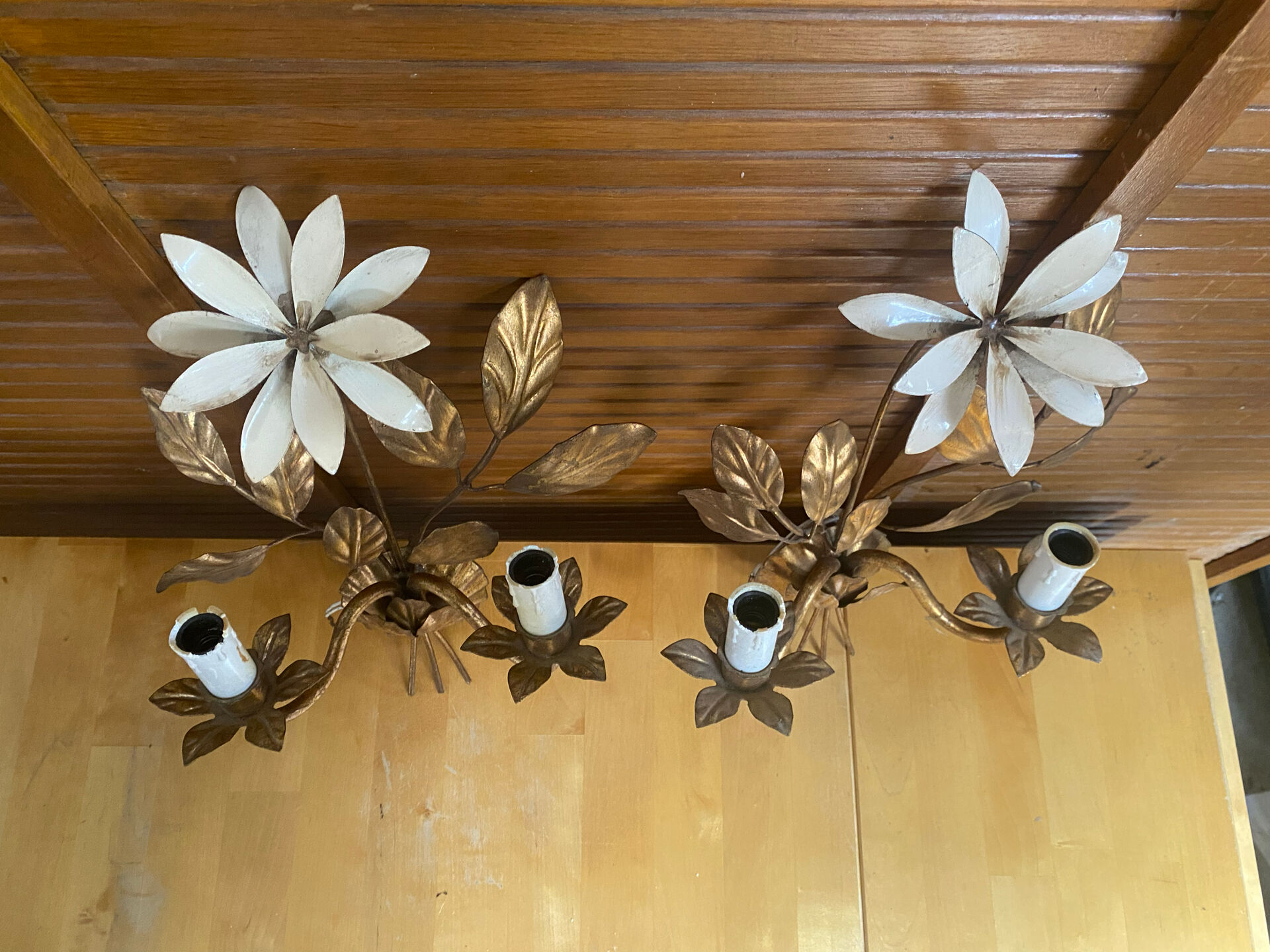 Vintage Lustre + 2 MASCA Wall Lights Hollywood Regency Gold Metal 70s It