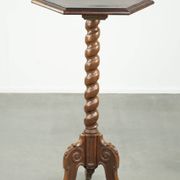 Antique tall oak plant/side table with wood carving and a turned leg