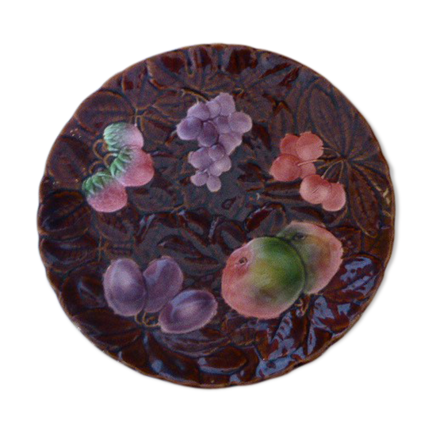 Dish a cakes Sarreguemines vintage 1970, dabbling in enamelled ceramic, fruits