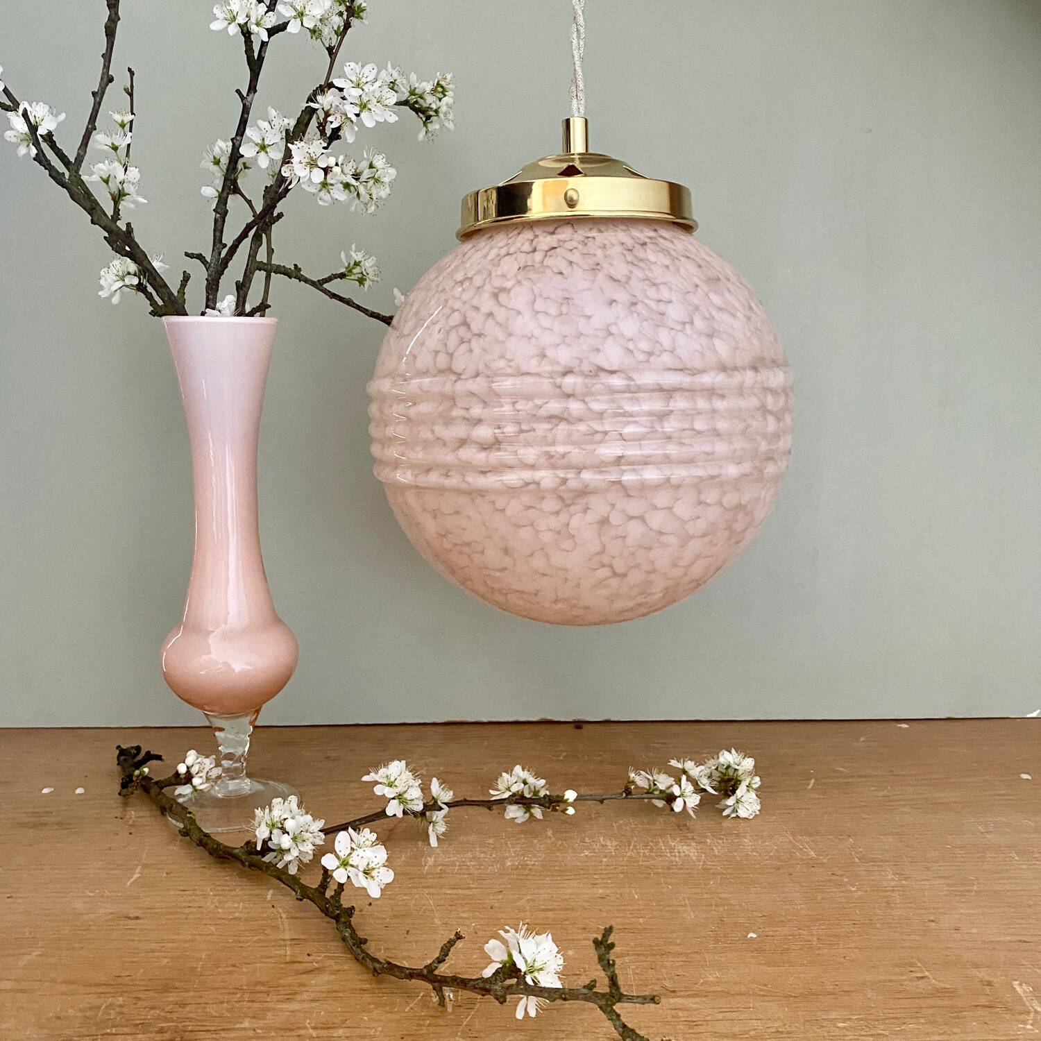 Vintage art deco globe pendant light in pale pink Clichy glass