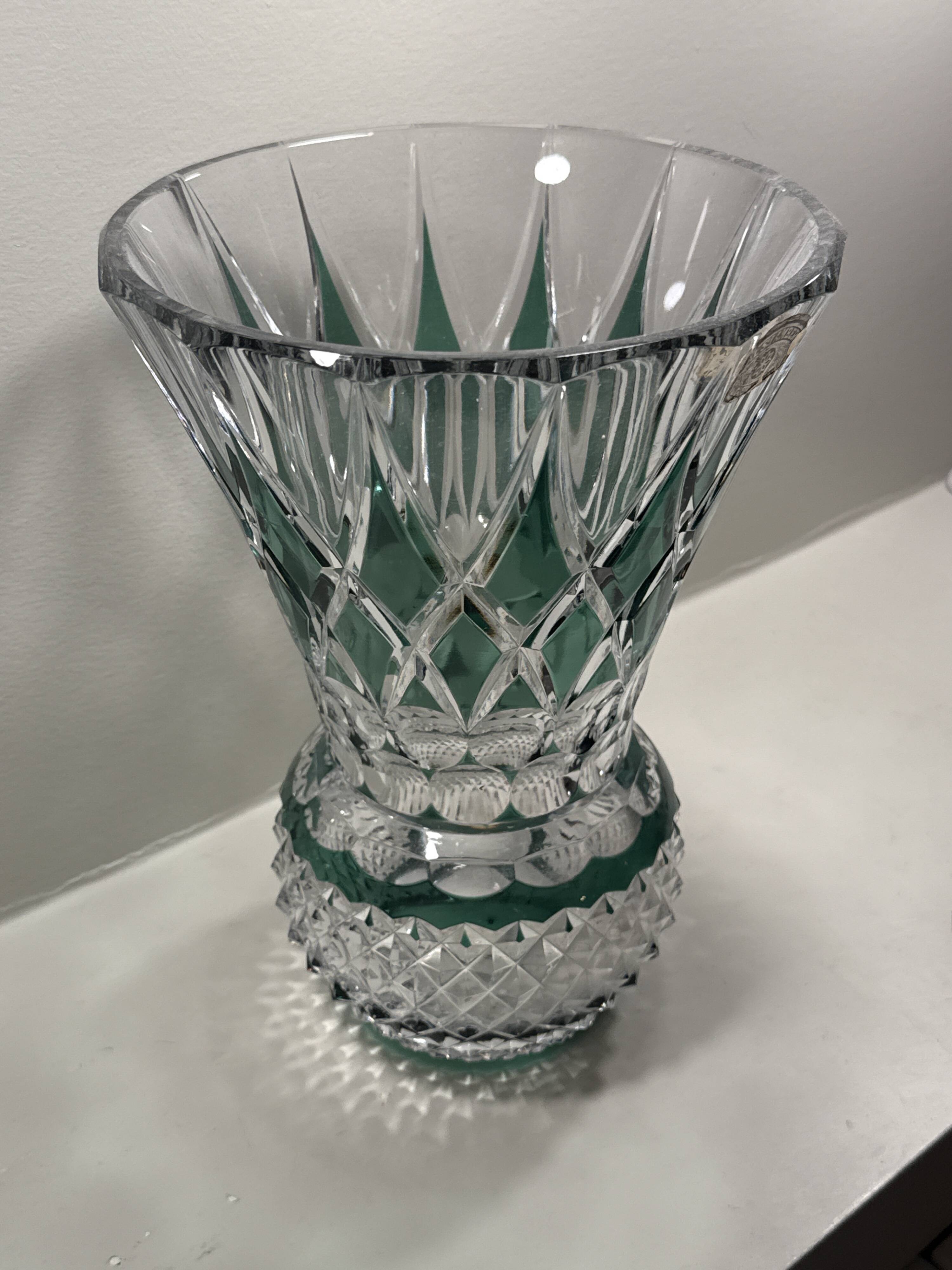 Val Saint-Lambert "Pineapple" vase in double-layered and cut green crystal. Height: