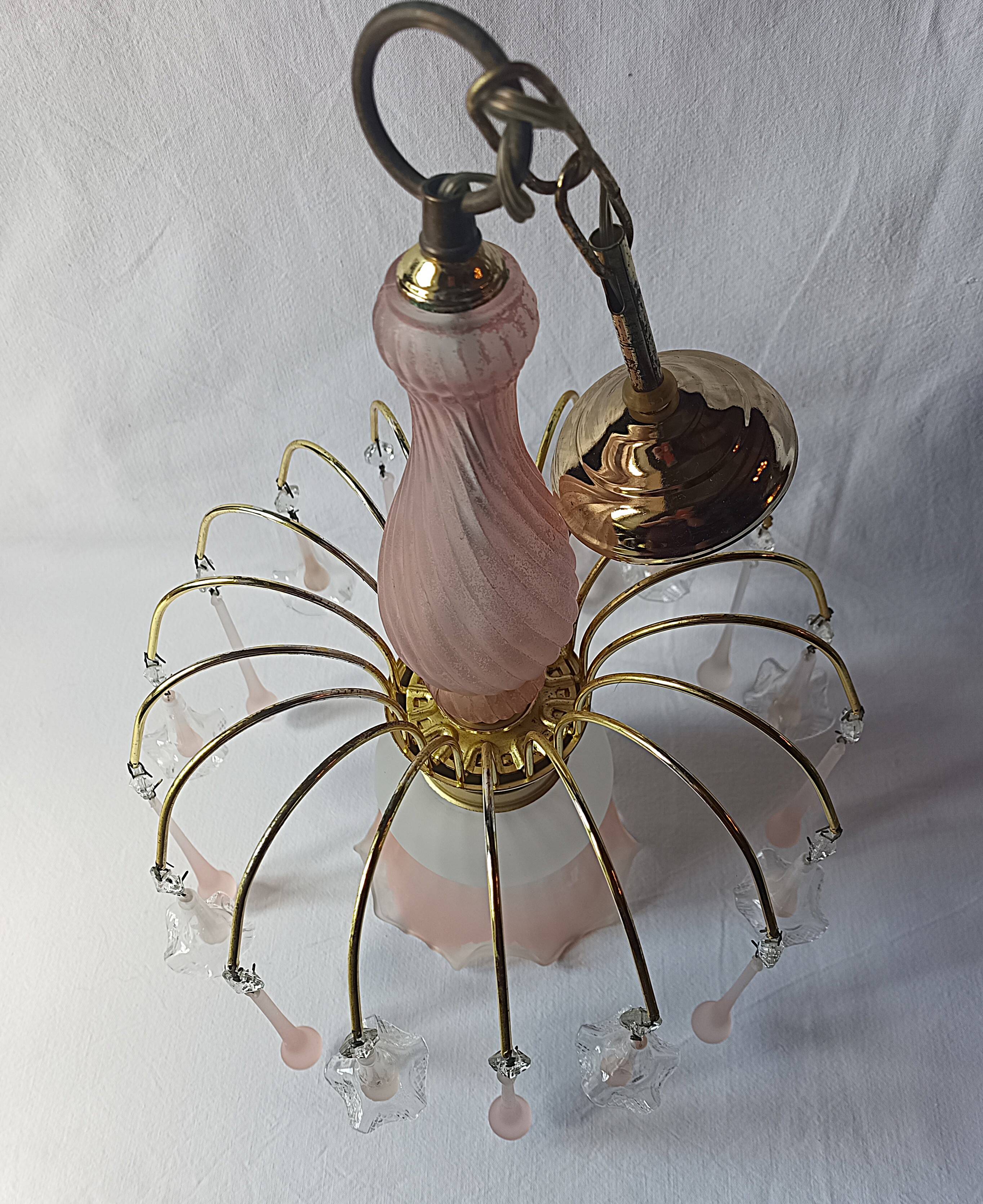 Vintage pink glass drop and flower chandelier pendant light.