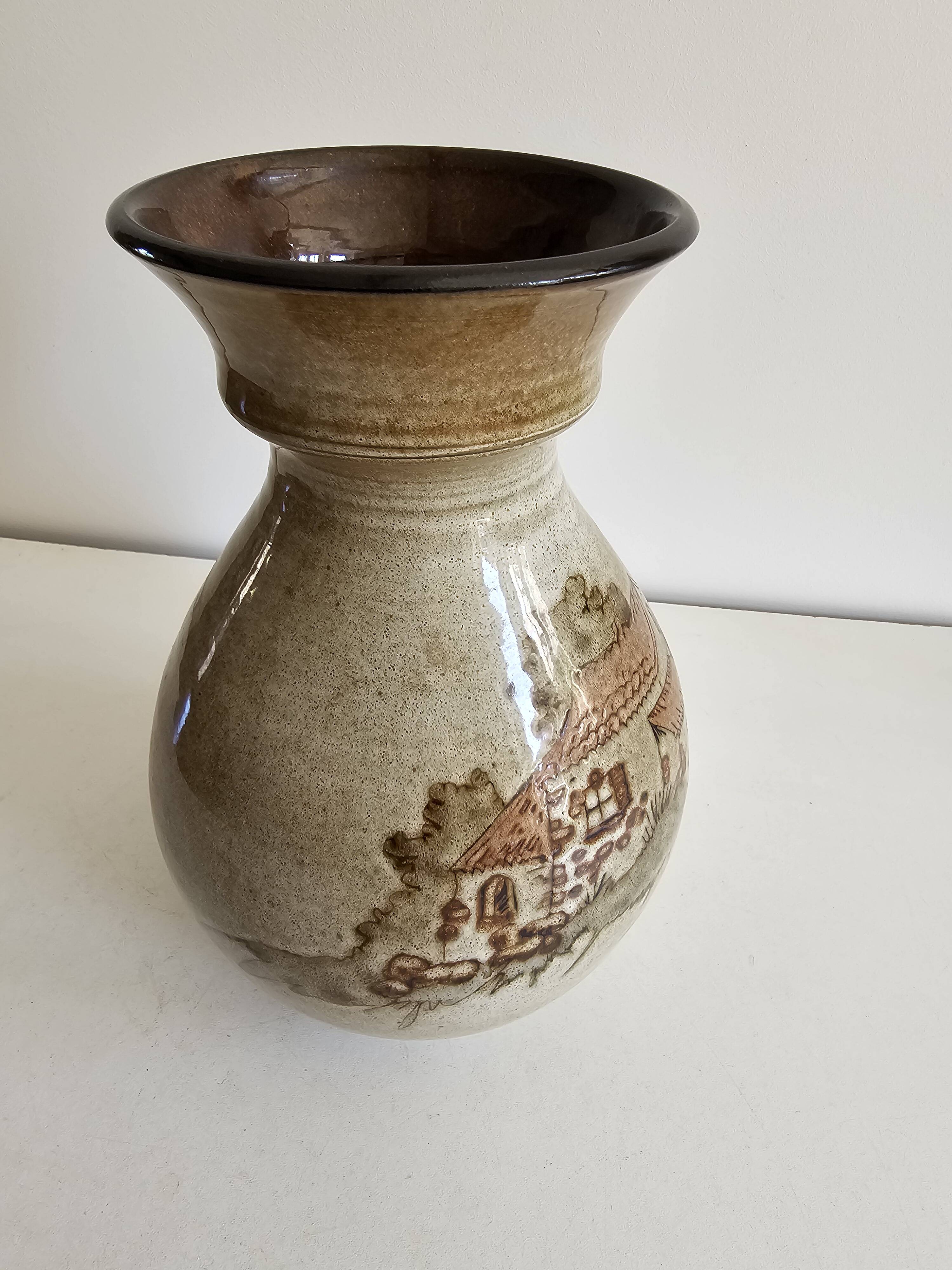 Ceramic vase with Village pattern signed by Jean Paulet - vintage