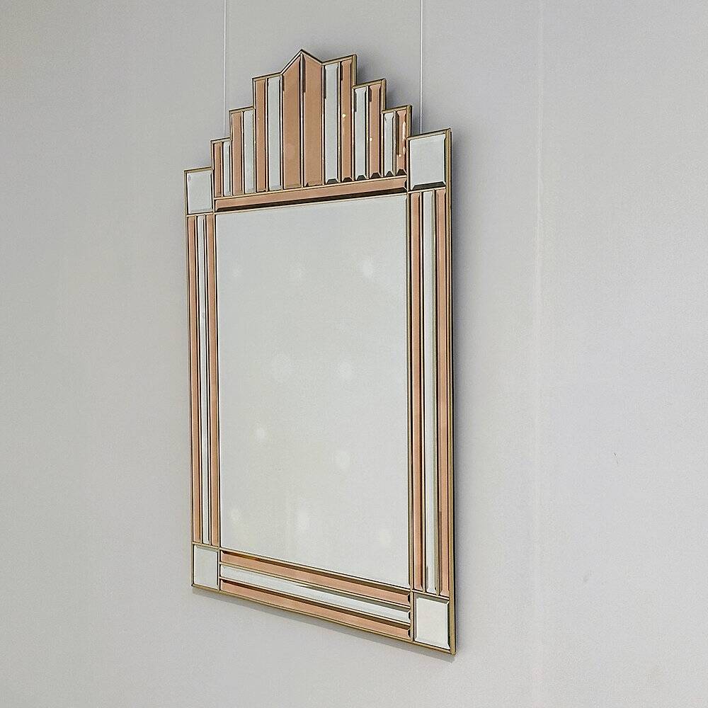 Art Deco style peach & clear bevelled mirror with brass frame, 1980s