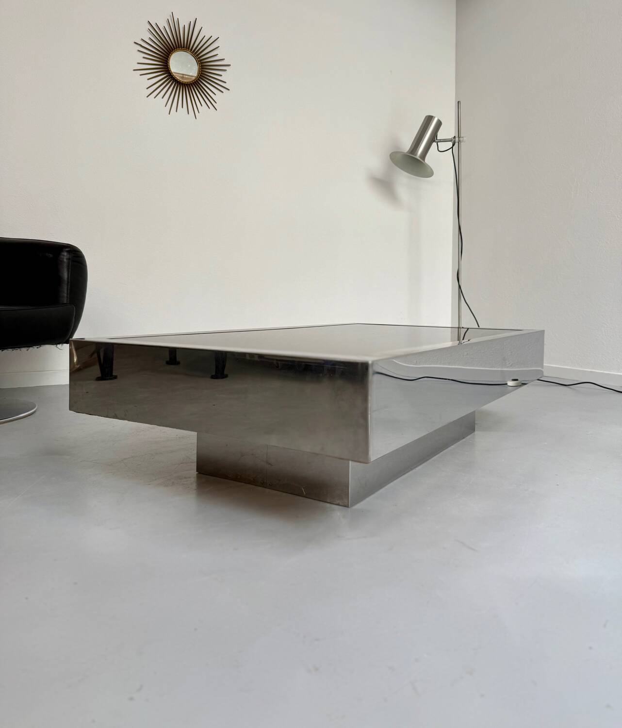 Italian coffee table in chromed metal and vintage brown glass top 70s