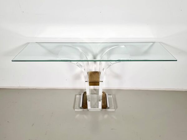 Table console Charles Hollis Jones en lucite, laiton et verre, 1970