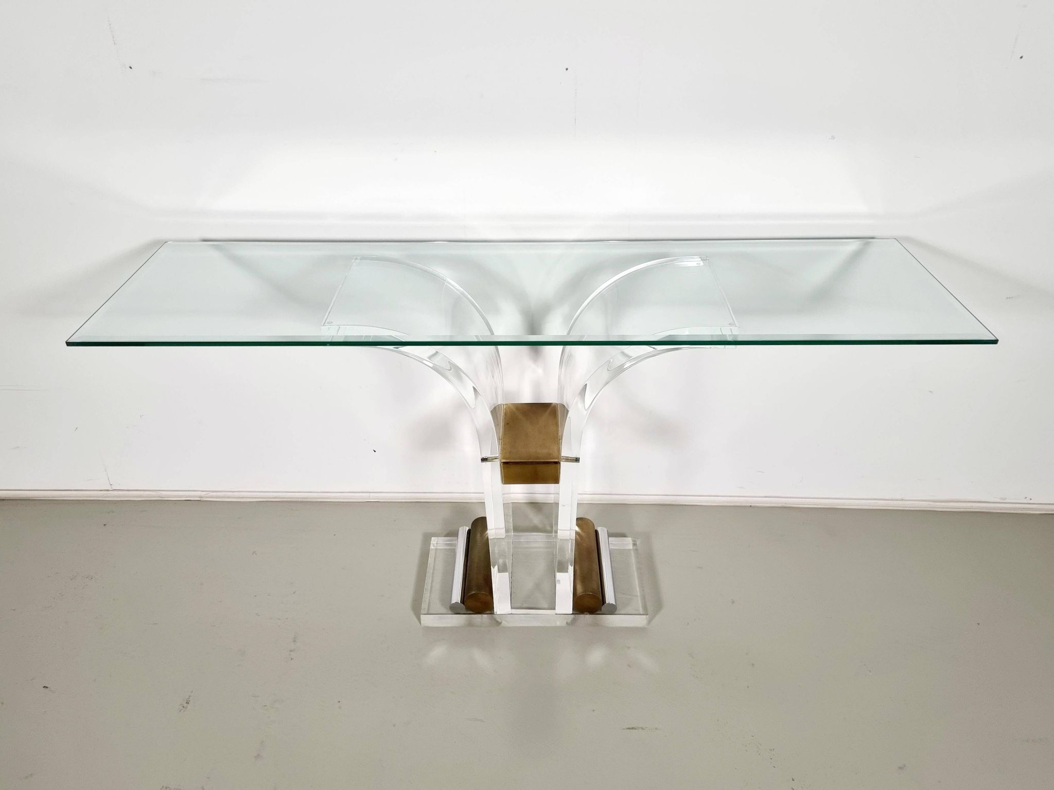 Console table by Charles Hollis Jones in lucite, brass, and glass, 1970.