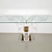 Console table by Charles Hollis Jones in lucite, brass, and glass, 1970.