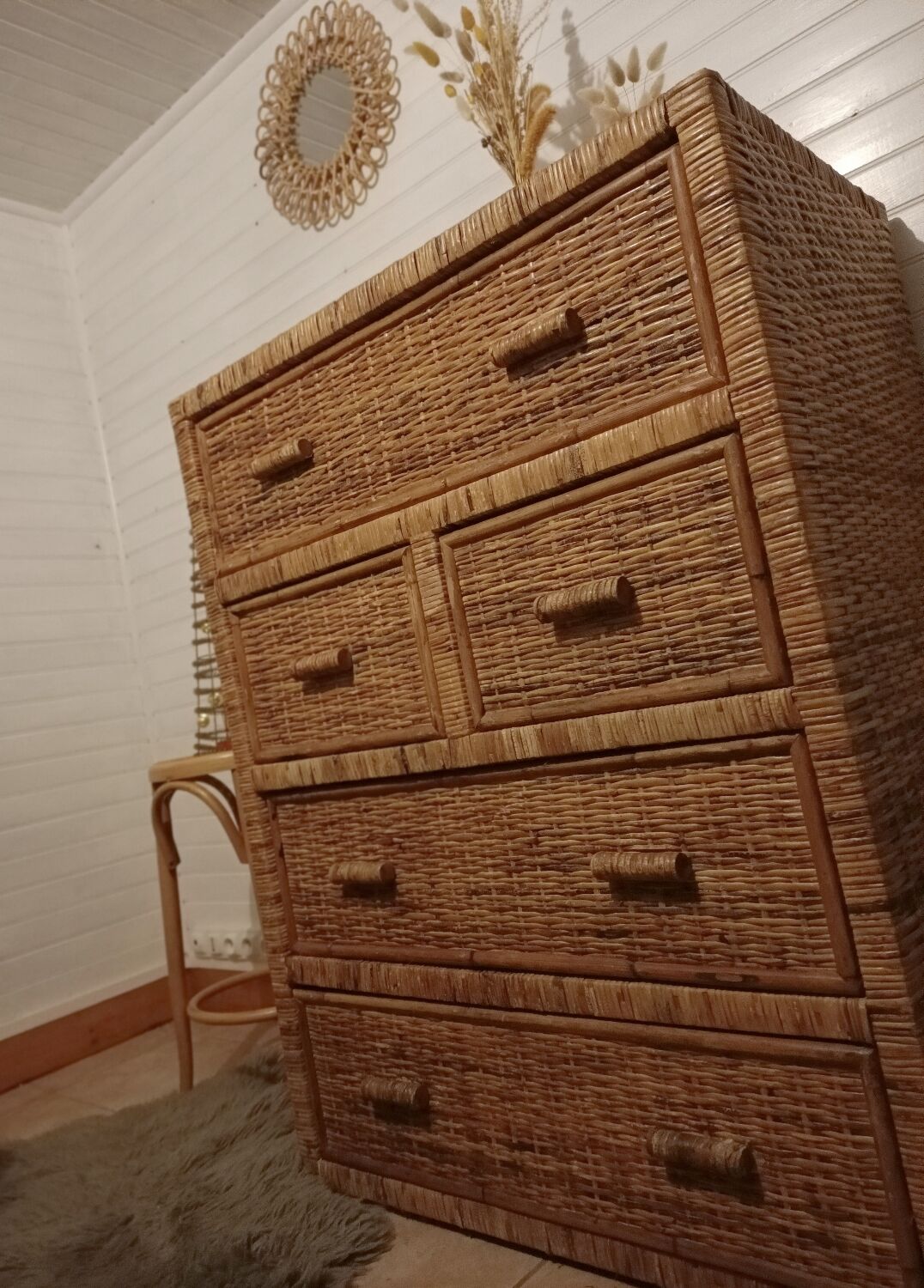 High wood and rattan chest of drawers