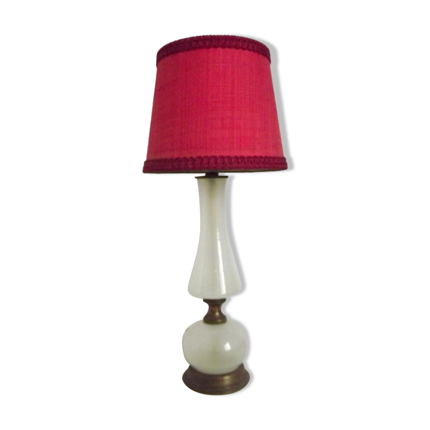 Brass & white glass table lamp red fabric shade