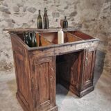 Bureau ancien en pin français – 1880, meuble bar / comptoir avec compartiments à abattants – 65×120×106 cm