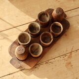 6 vintage wooden egg cups and salt and pepper shakers - Mid-century