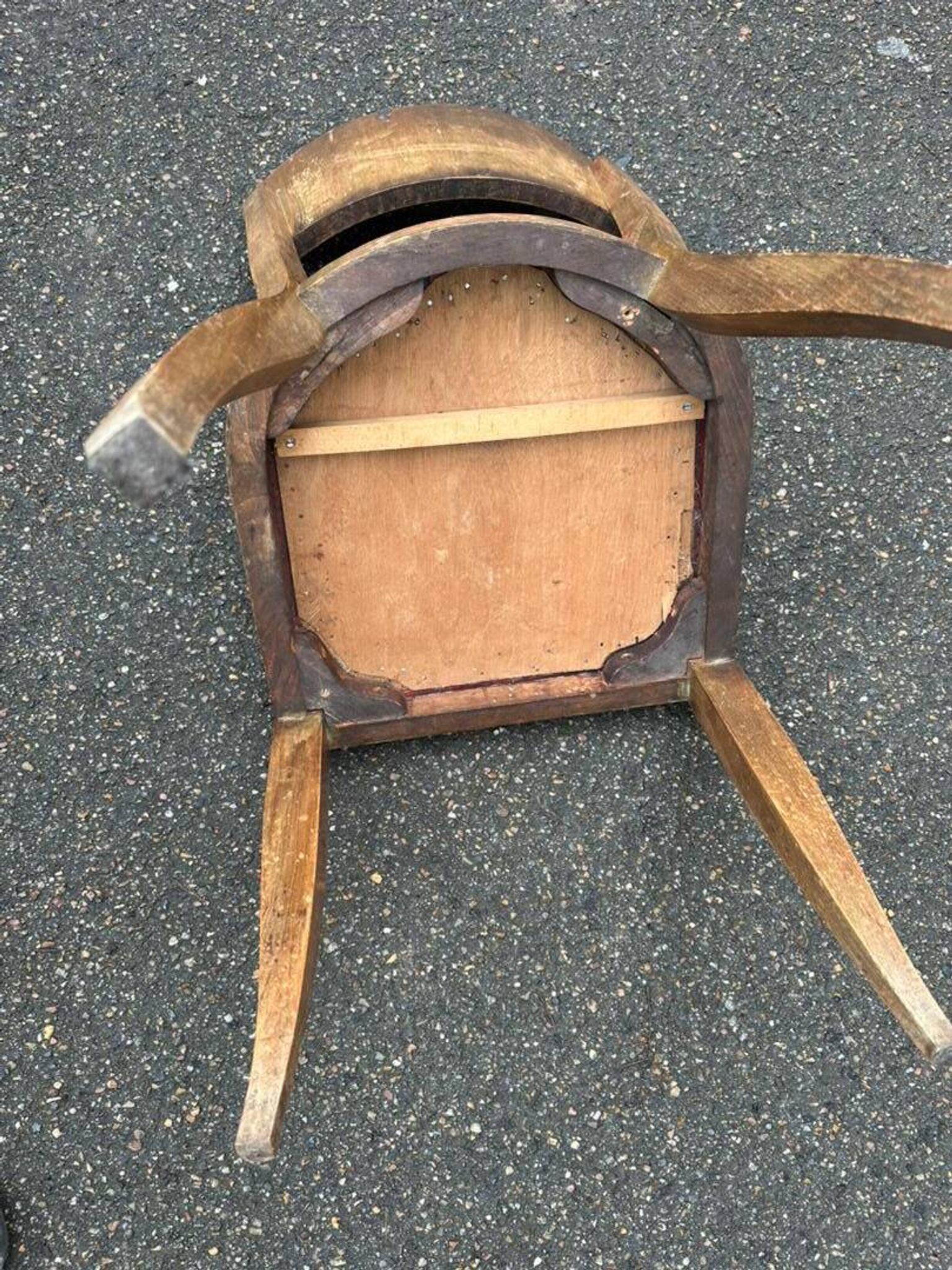 6 Art Deco gondola chairs in solid oak with burgundy leatherette, 1940.