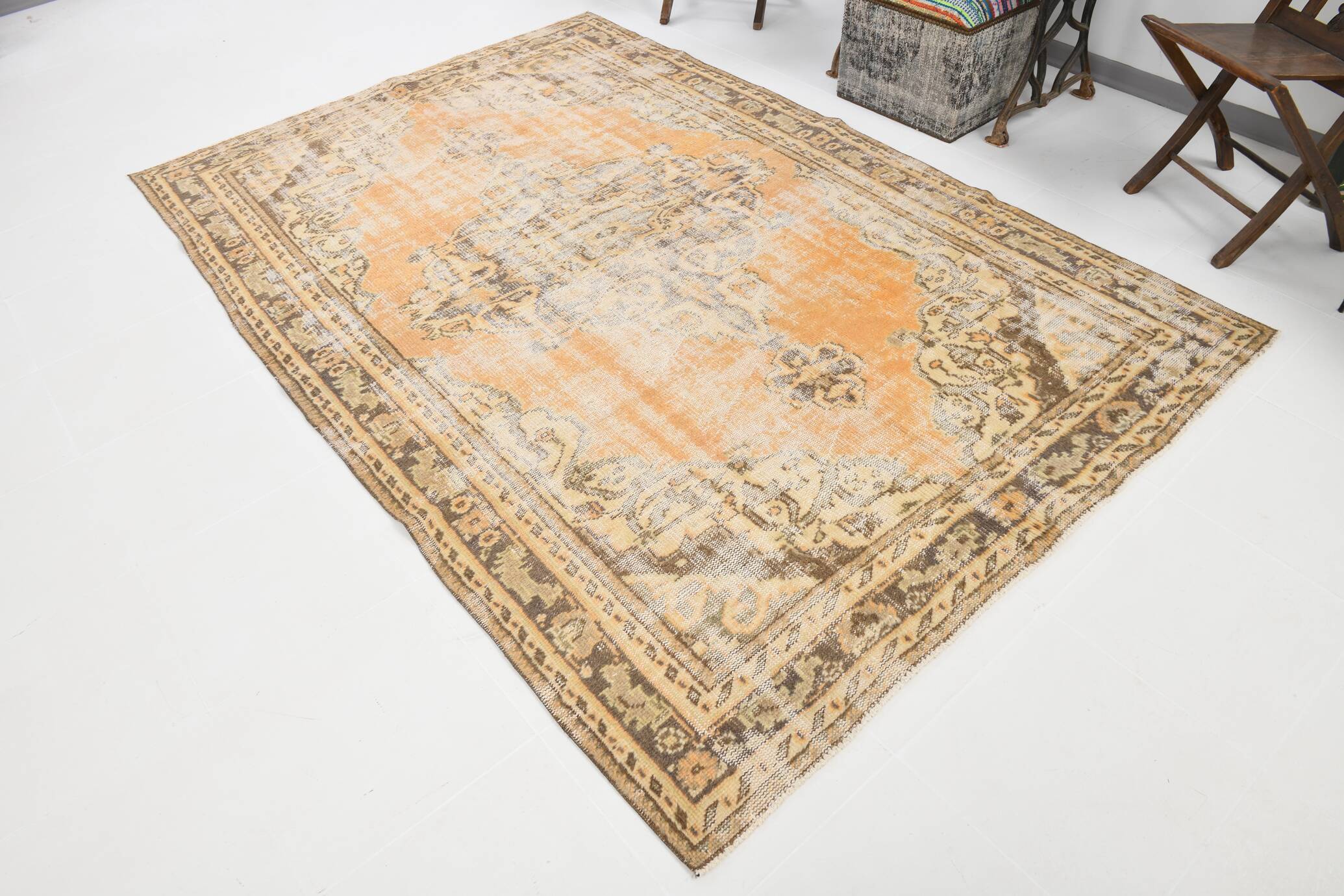 6x9 Peach Yellow Soft Pastel Turkish Vintage Rug, 185x276Cm SK 5250