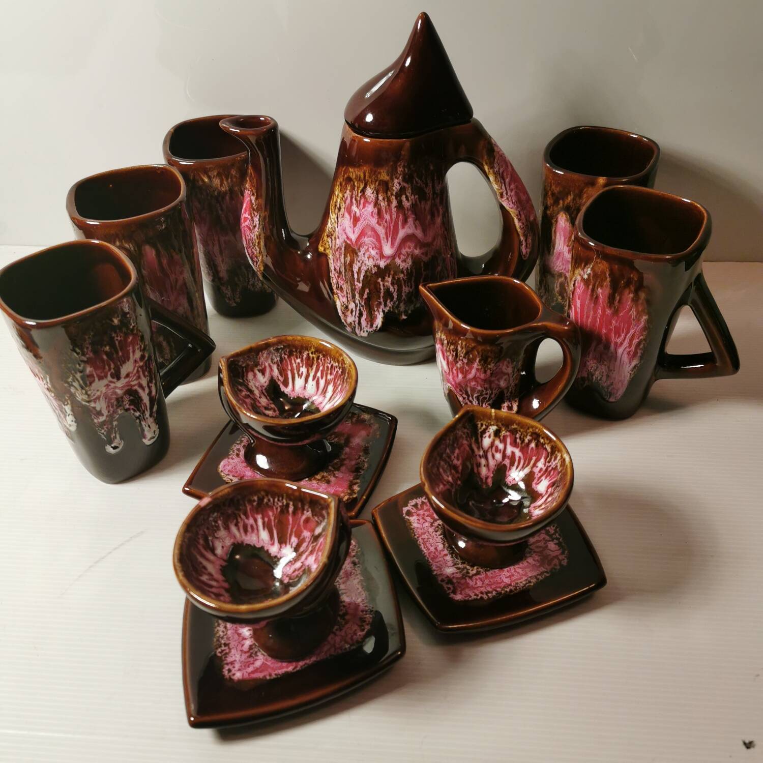 Vallauris Coffee/Tea Service 13 Pieces including Mugs. Signed Vintage