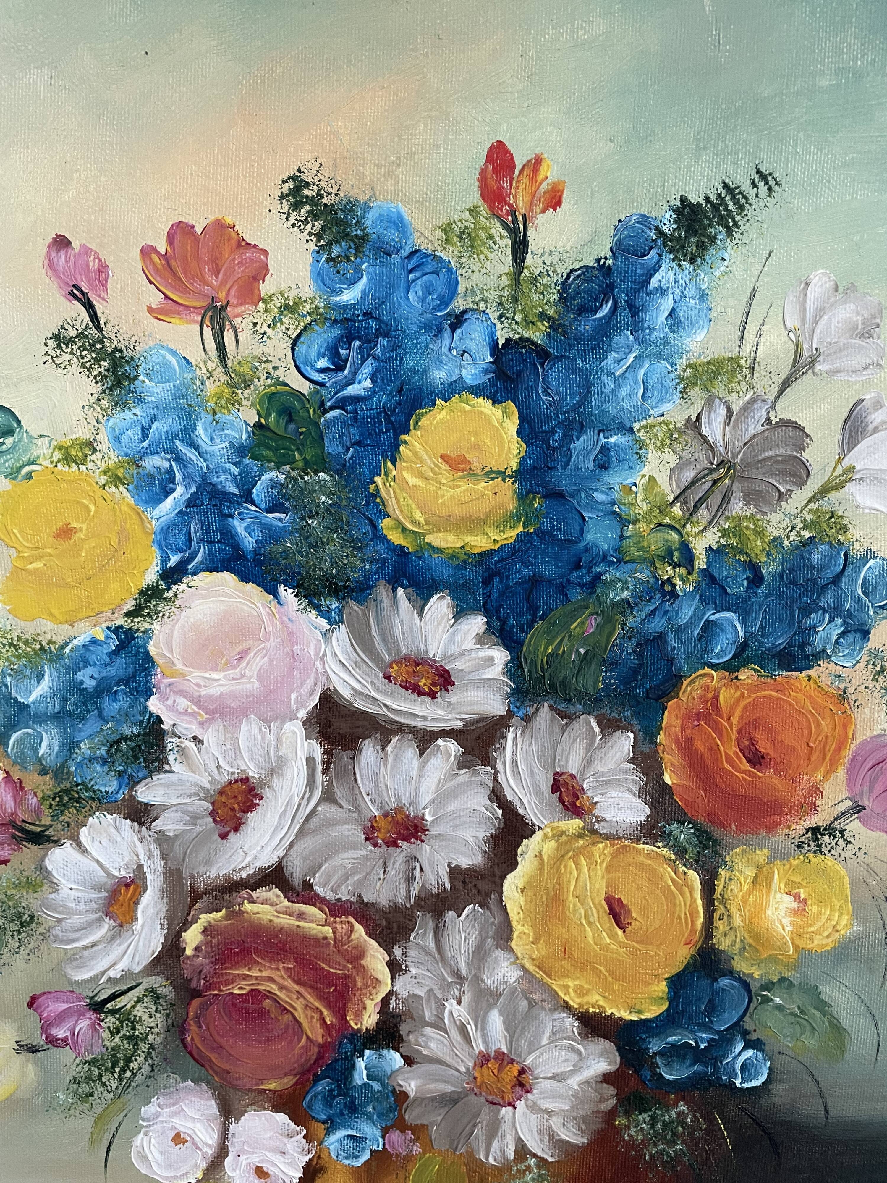 Oil painting, still life with bouquet, flowers, signed betez, floral decor, wooden frame, art