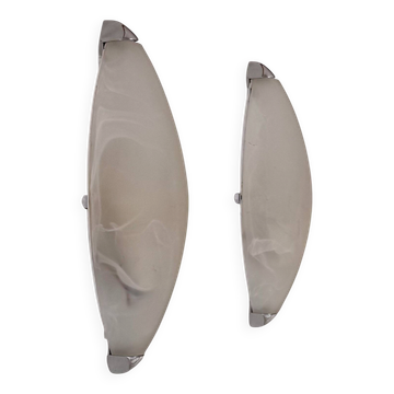 Pair of vintage wall lights in chrome and opaline, France 1990