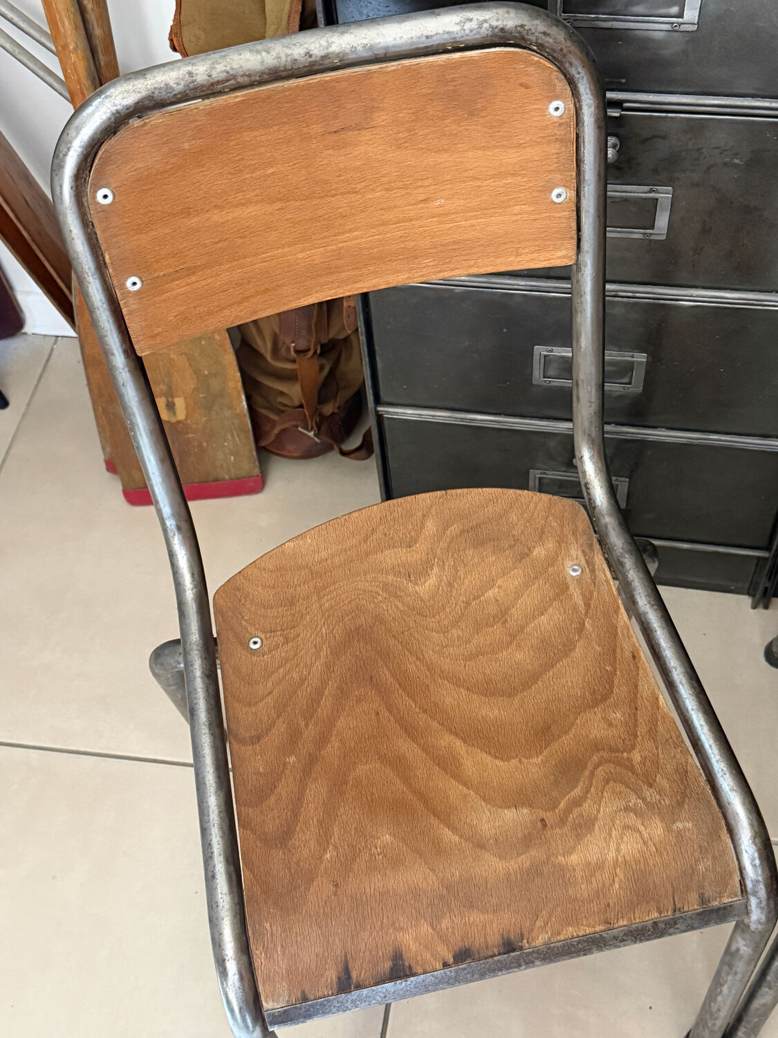 Pair of vintage adult school chairs in patinated metal