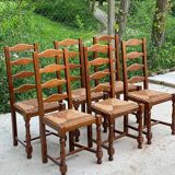 6 solid oak and straw chairs with high backs