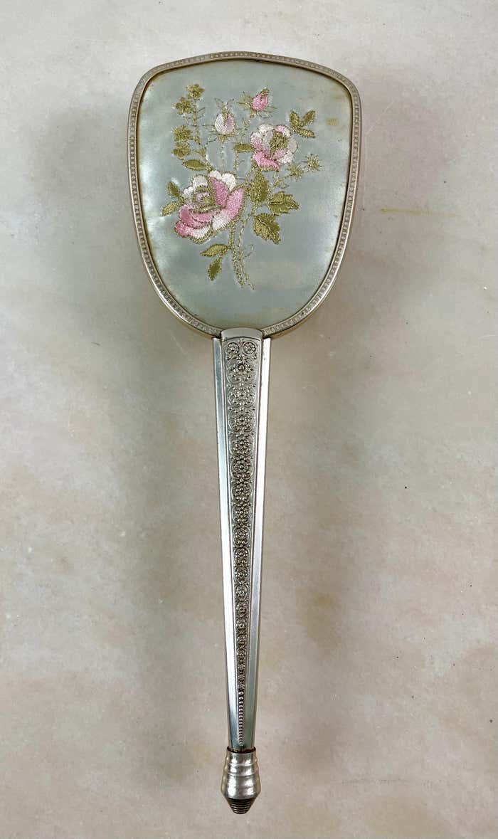 Toiletry set - metal and silk brush and hand mirror England from the 50s