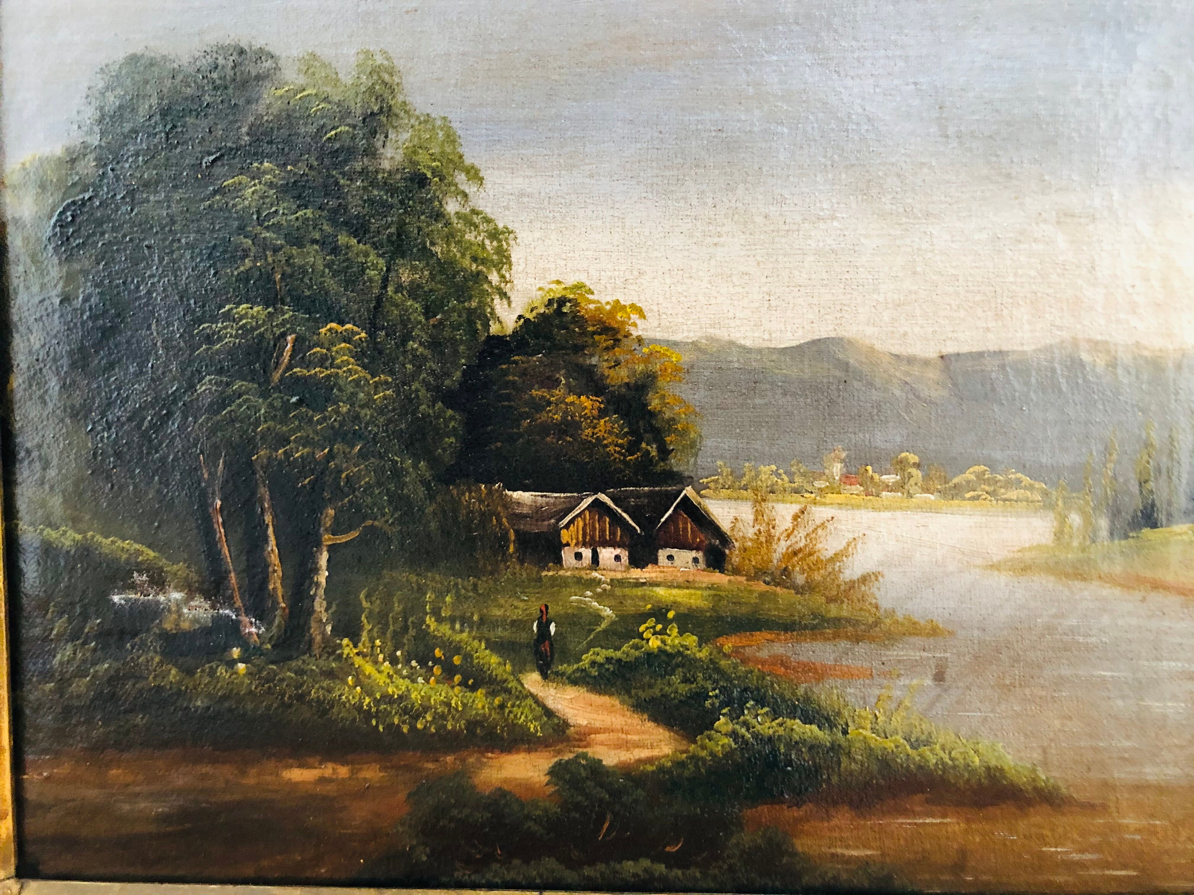 Huile sur toile, paysage bord de rivière
