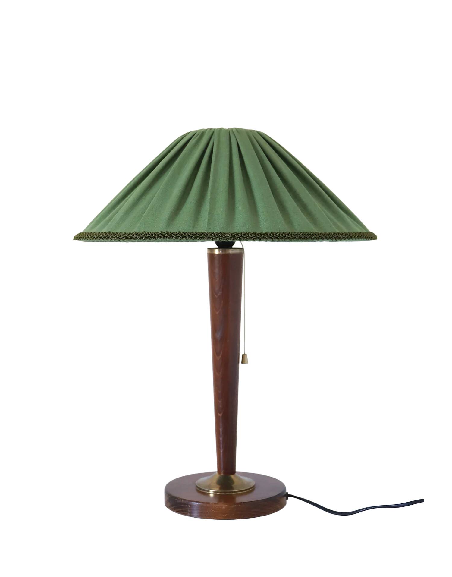 Recycled vintage lamp — spindle wooden base, pleated green linen shade