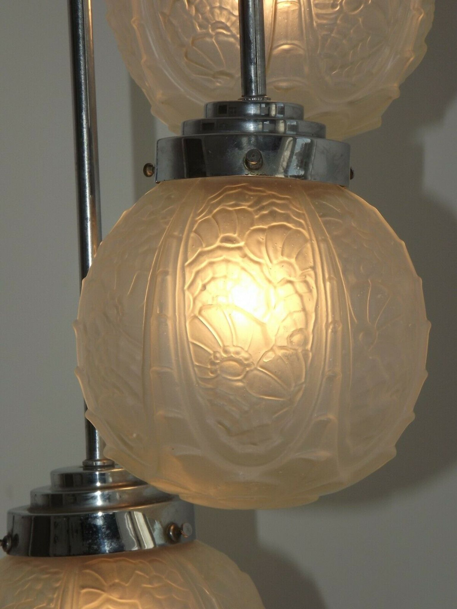 french art deco light in chrome with 3 floral opaque glass shades