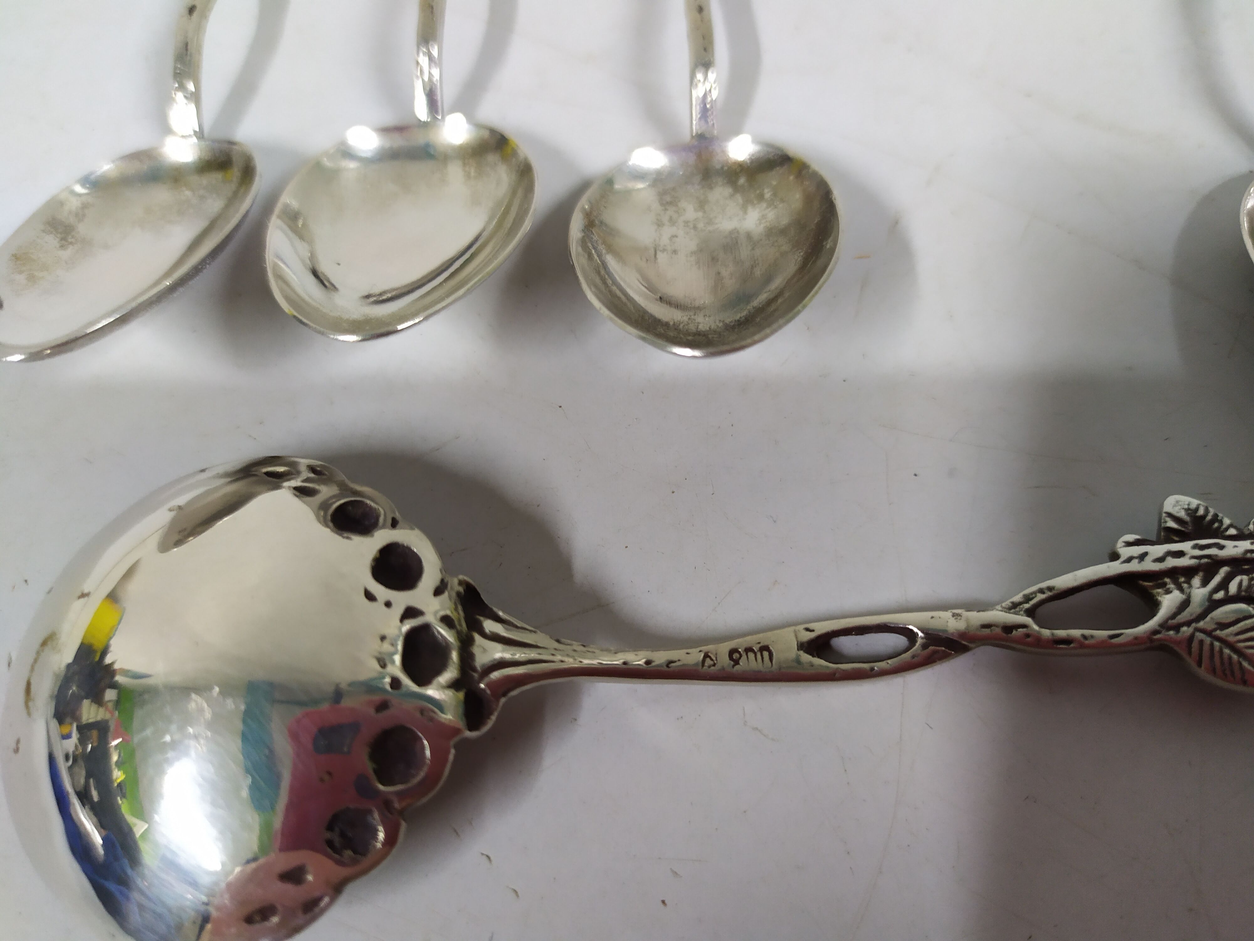 Lot de 6 cuilleres a moka cafe et 1 cuillère à sucre argent massif 800 - art déco rose