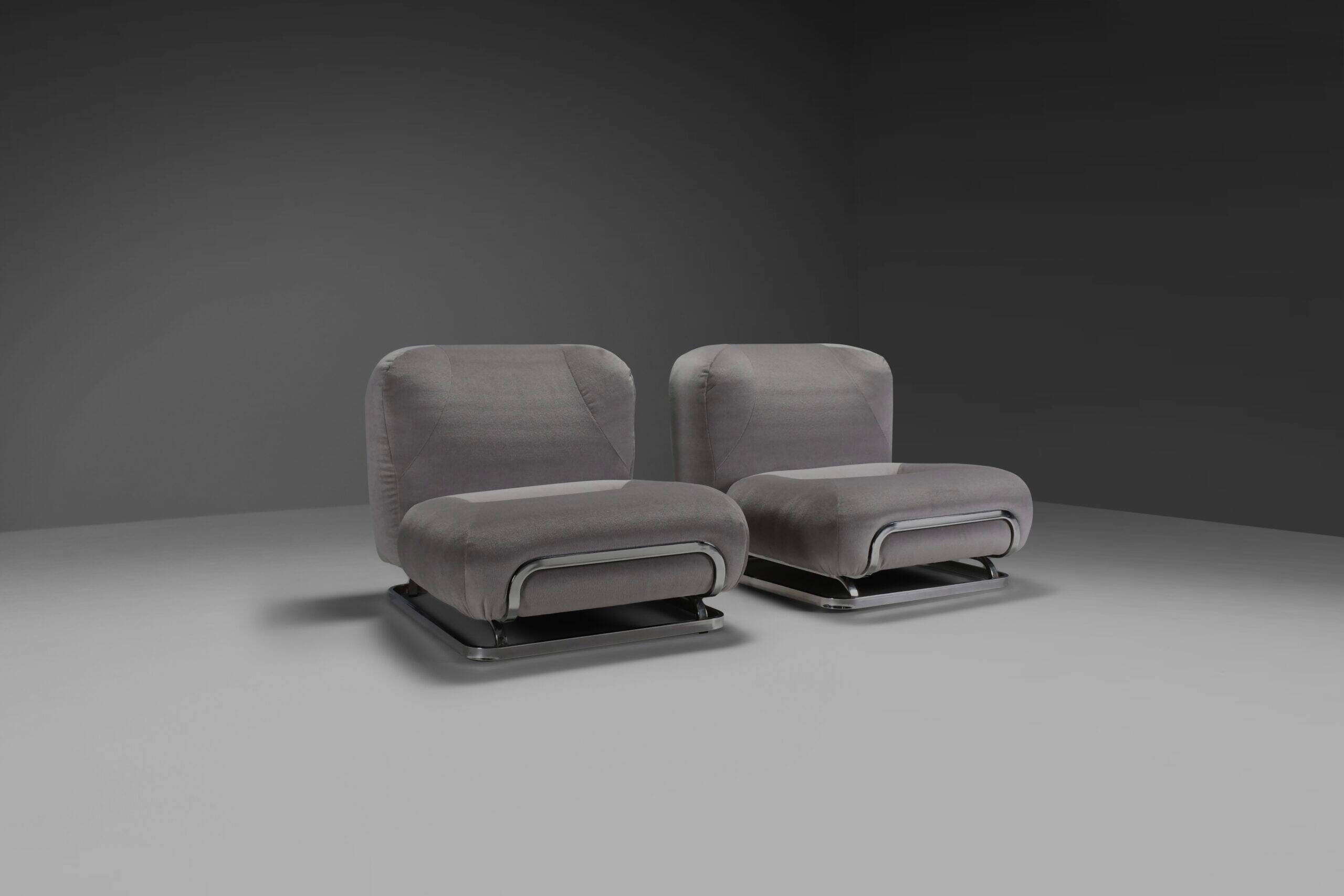 Mohair and chrome lounge chairs designed by Malchioro for IPE, Italy 1970s