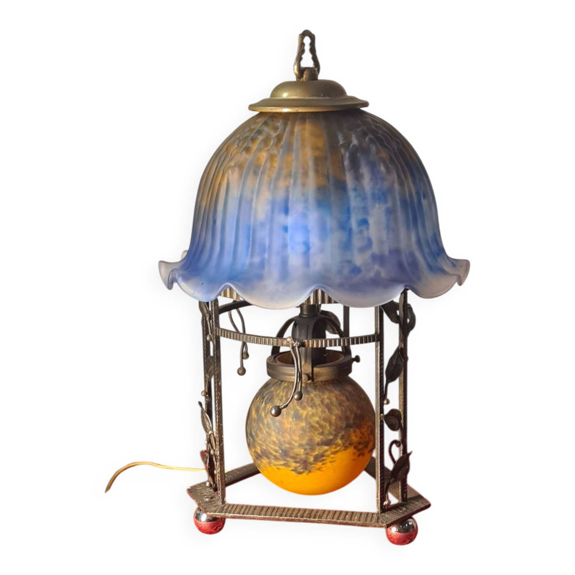 kiosk lamp wrought iron 1930 art deco molded glass paste, 38x22 elec ok,