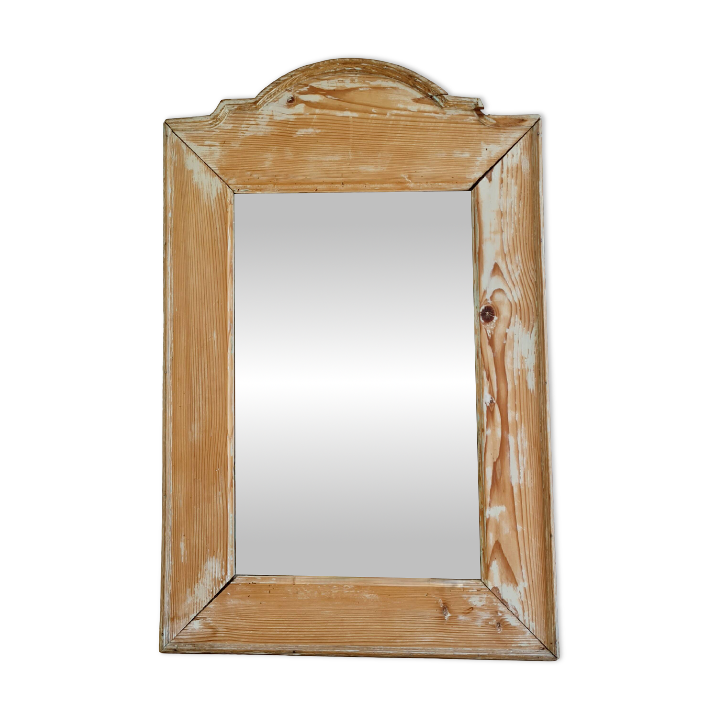 Antique mirror in raw wood with a patina and pediment.