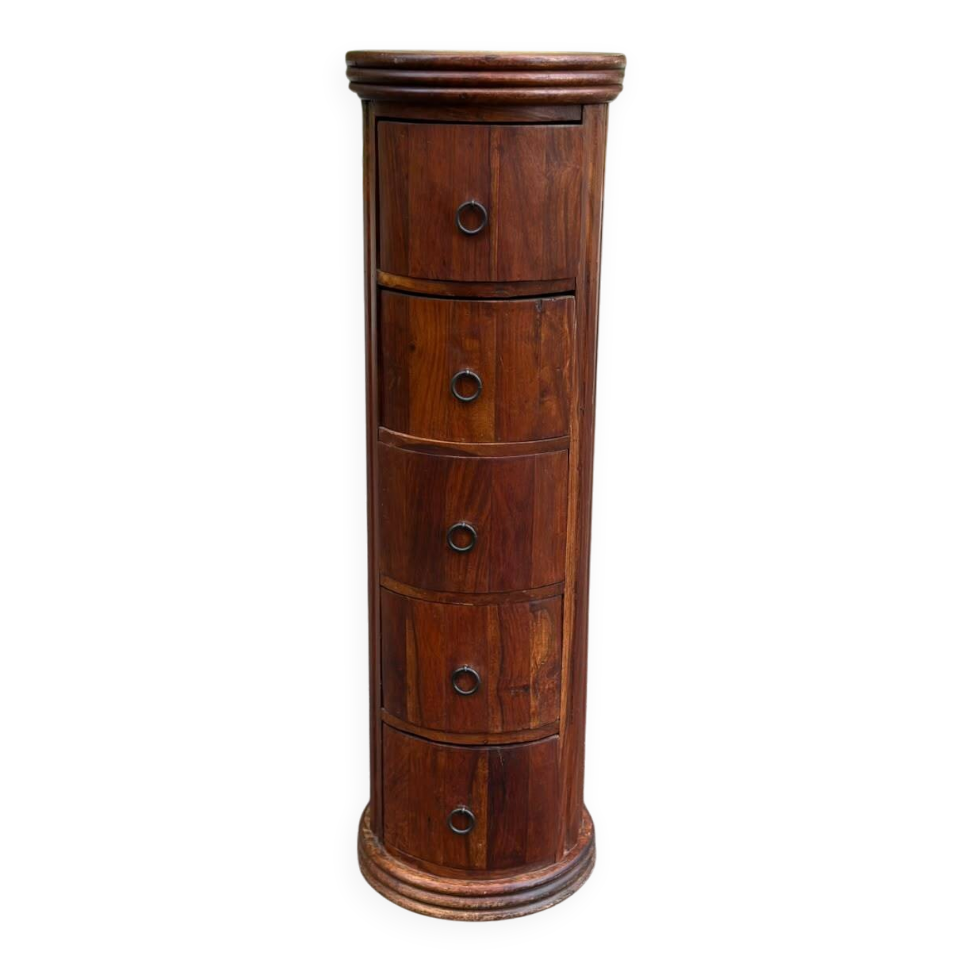 Column furniture with 5 drawers, cylindrical, made of solid wood, round chest of drawers.