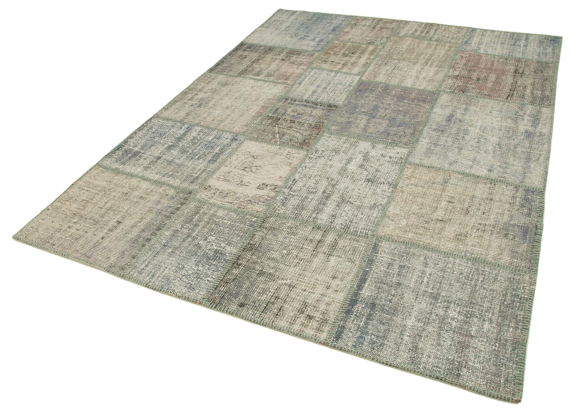 Handwoven oriental overdyed 176 cm x 243 cm grey patchwork carpet