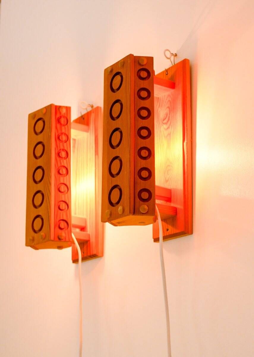 Mid-century modern pine wall sconces from Vemdalia, Sweden, 1975, set of 2