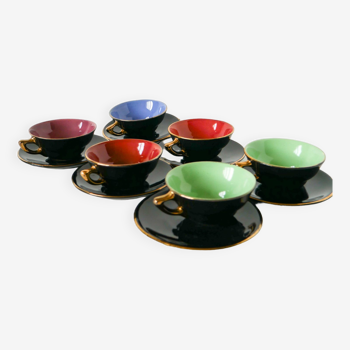 Set of 6 black and colored earthenware cups and saucers, 1950