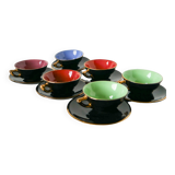 Set of 6 black and colored earthenware cups and saucers, 1950