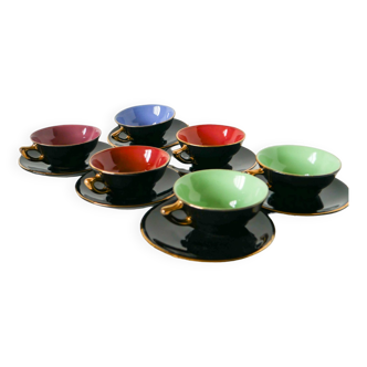 Set of 6 black and colored earthenware cups and saucers, 1950