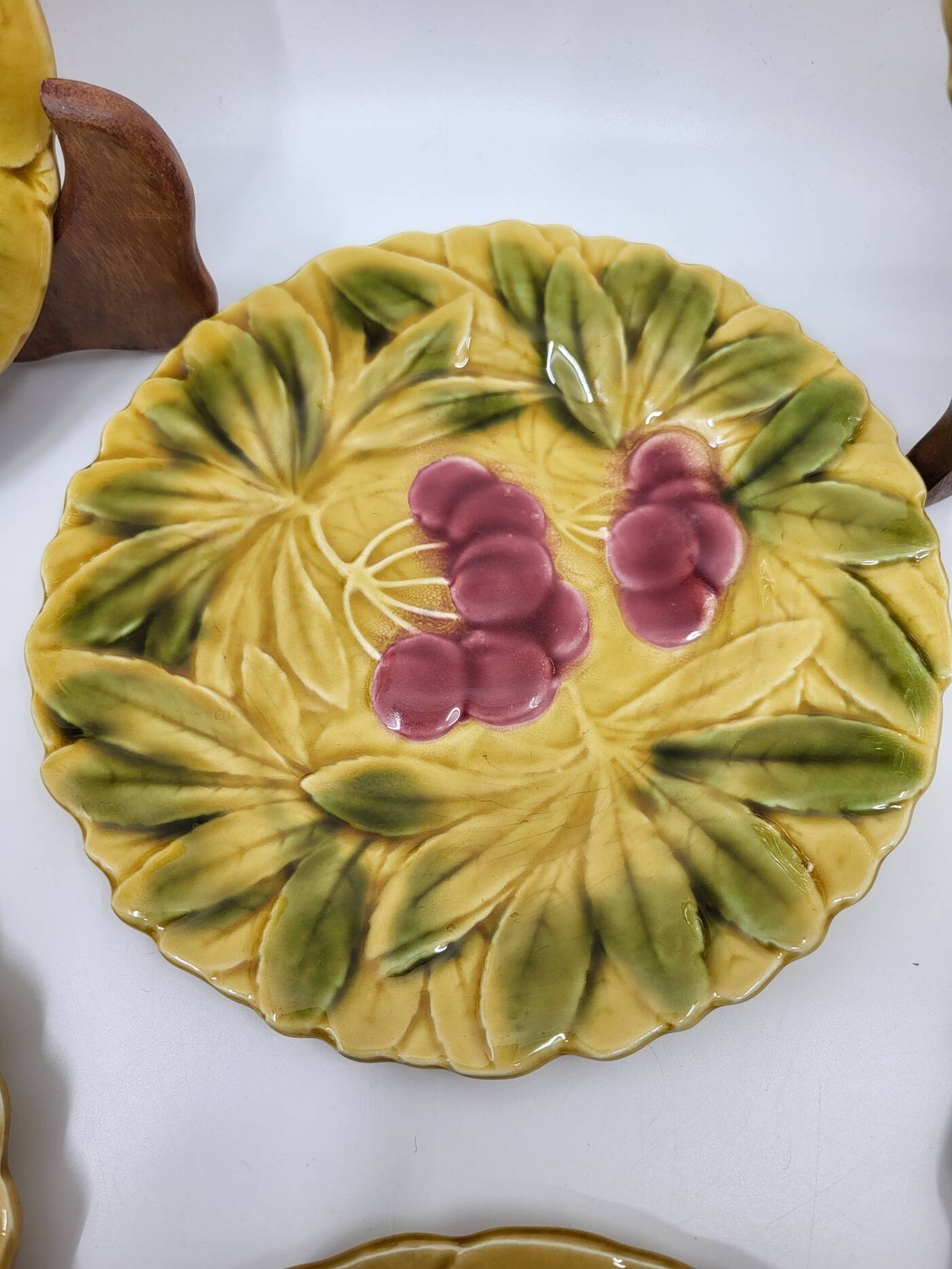 Sarreguemines dessert plates in barbotine with fruit decoration French Vintage