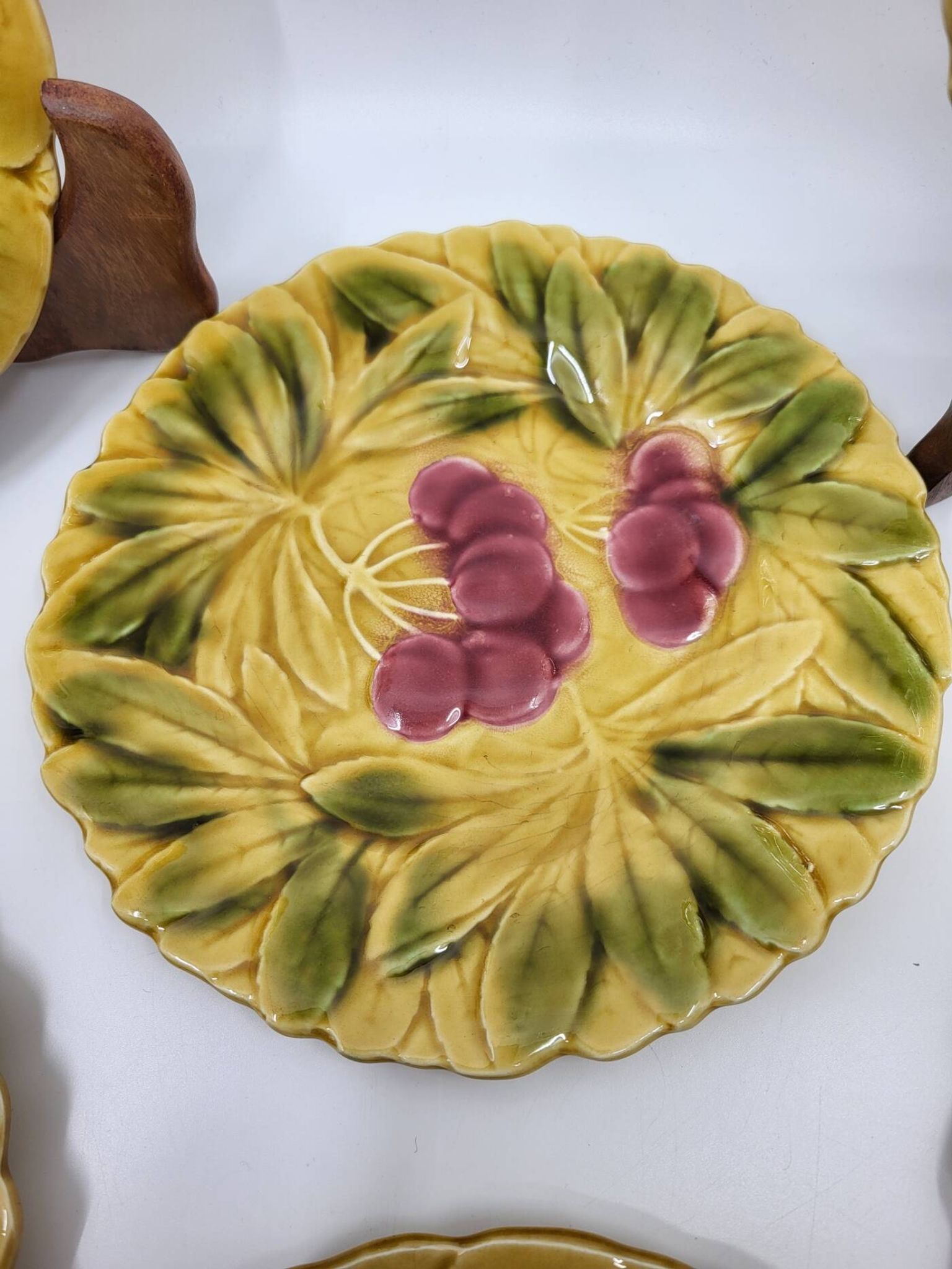 Sarreguemines dessert plates in barbotine with fruit decoration French Vintage
