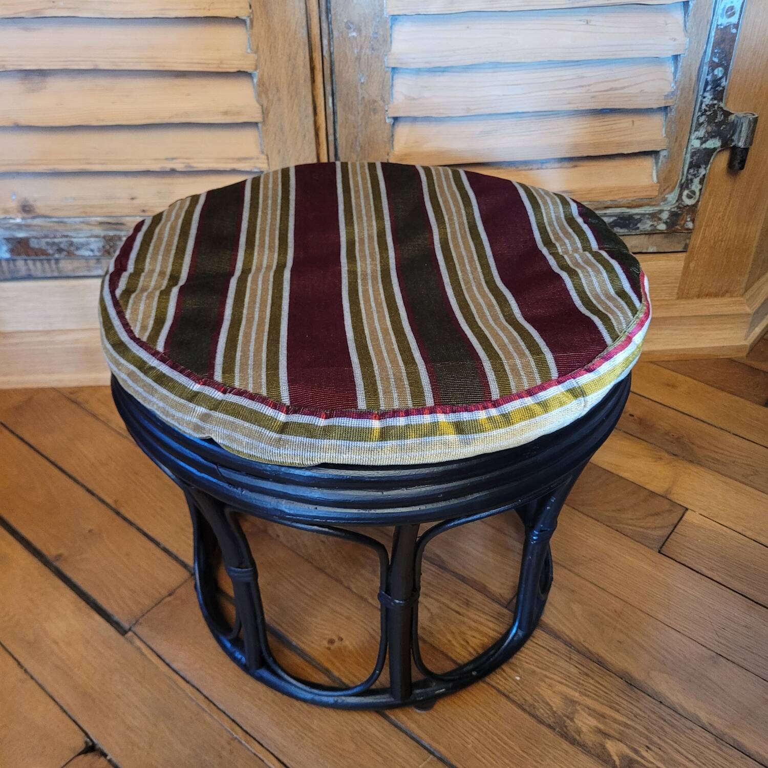 Black bamboo pouf with striped velvet seat pad – vintage 1970s