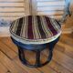 Black bamboo pouf with striped velvet seat pad – vintage 1970s