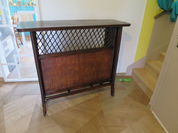Rare vintage meuble de bar étagère bois rotin tressé années 80 rétro