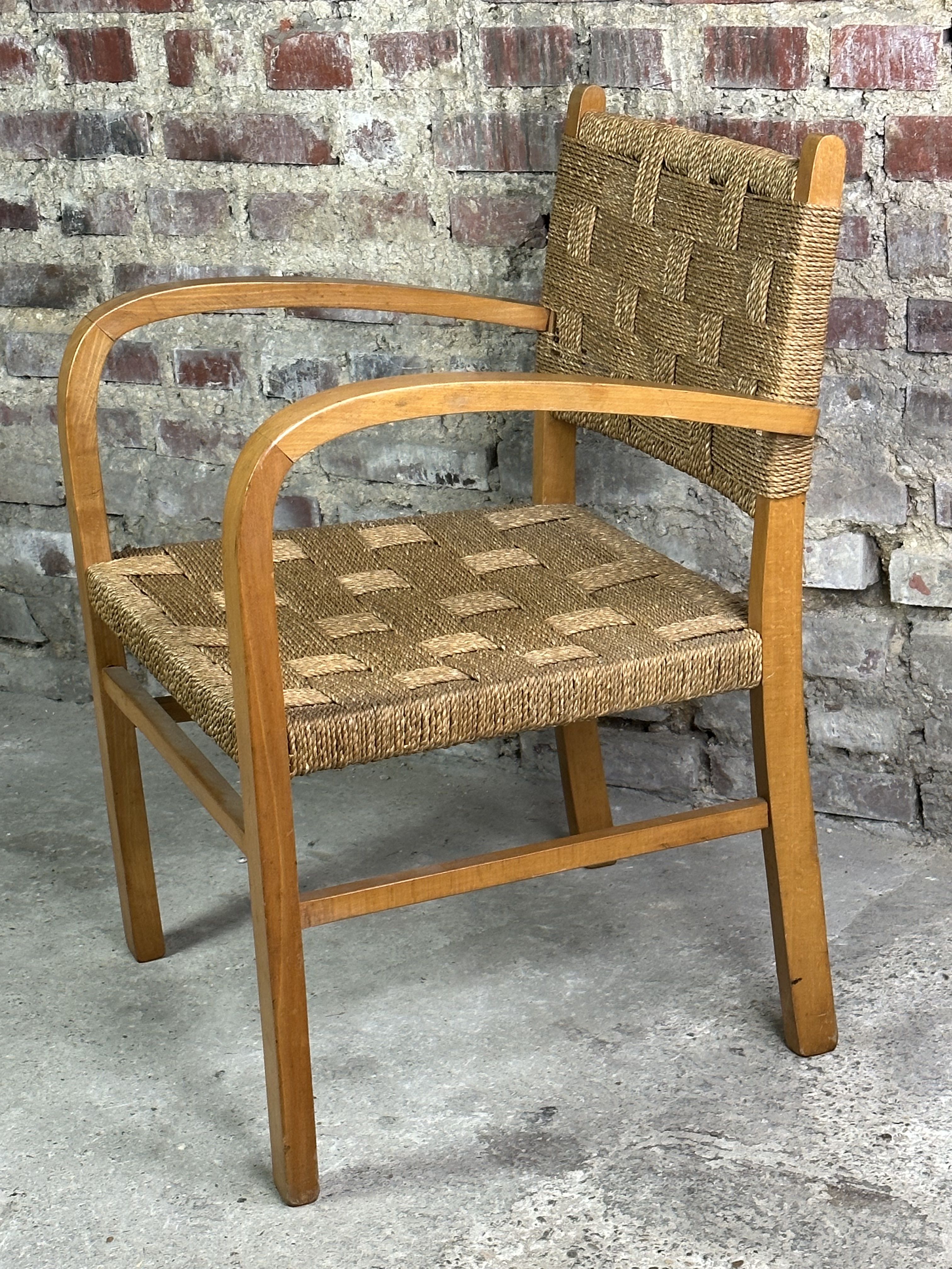 Dutch armchair rope and wood Vroom & Dreesman vintage 1960