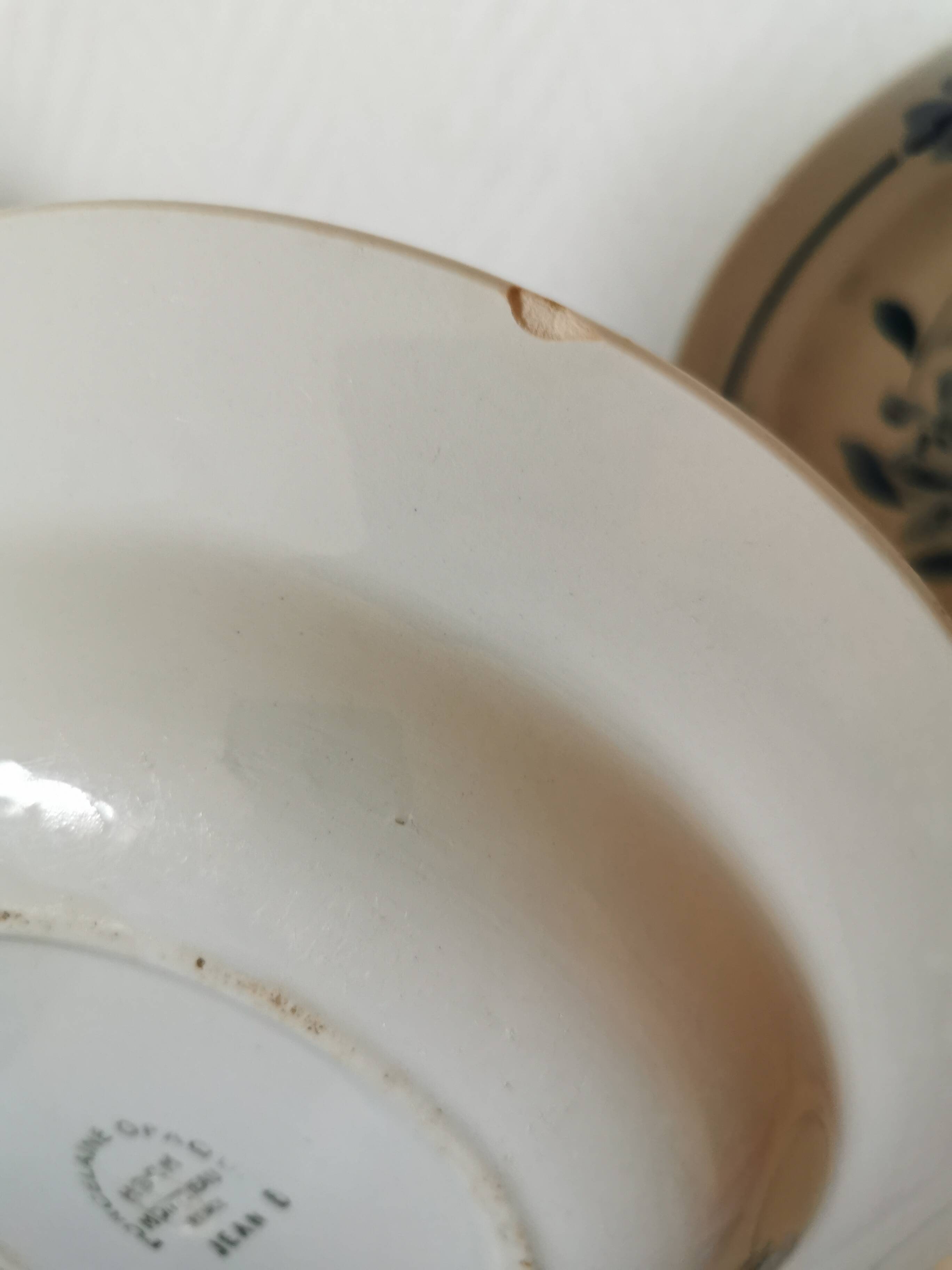 set of 5 Creil et Montereau soup plates, blue flower pattern